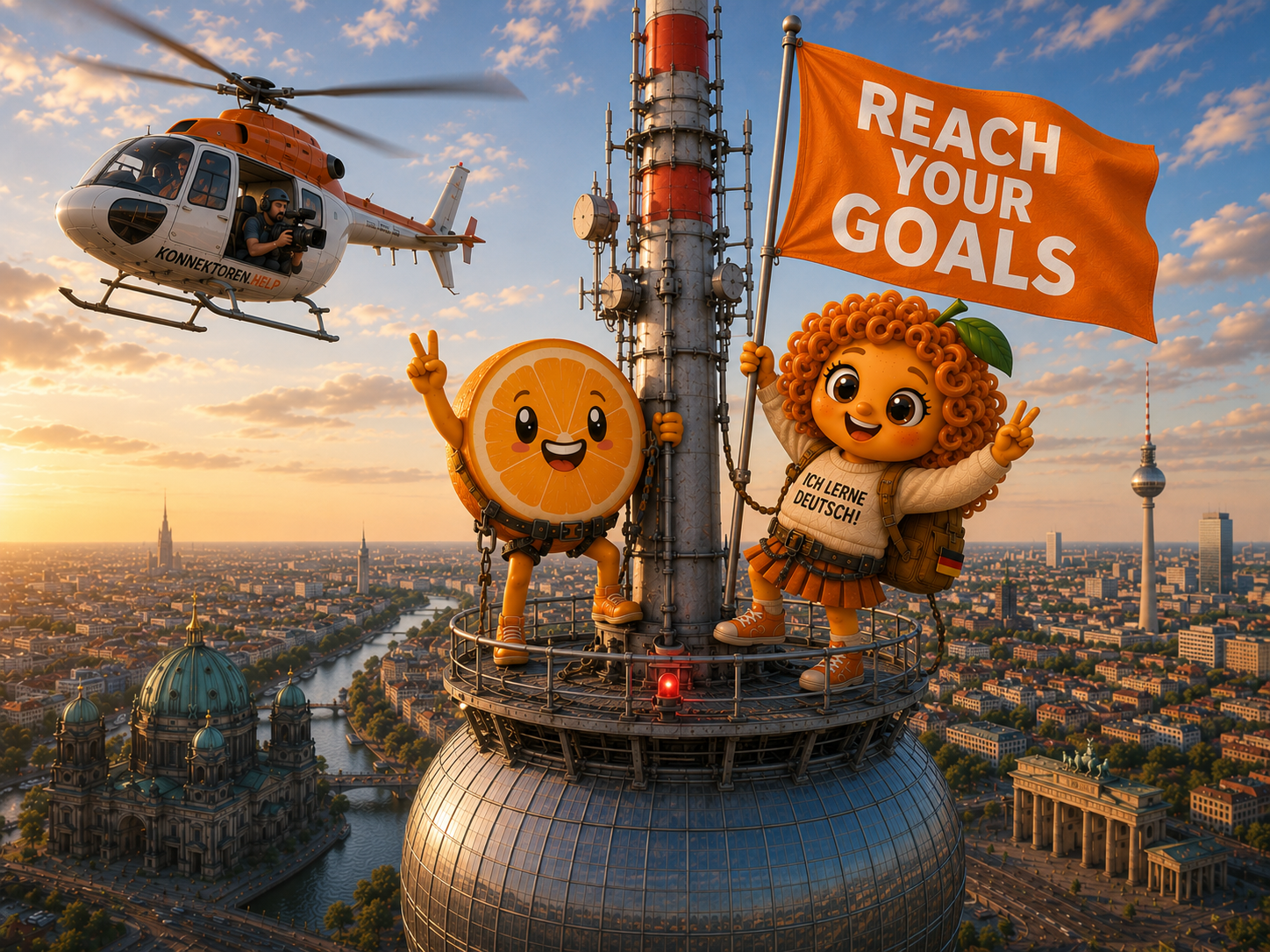 Konnektoren mascots celebrating high above Berlin