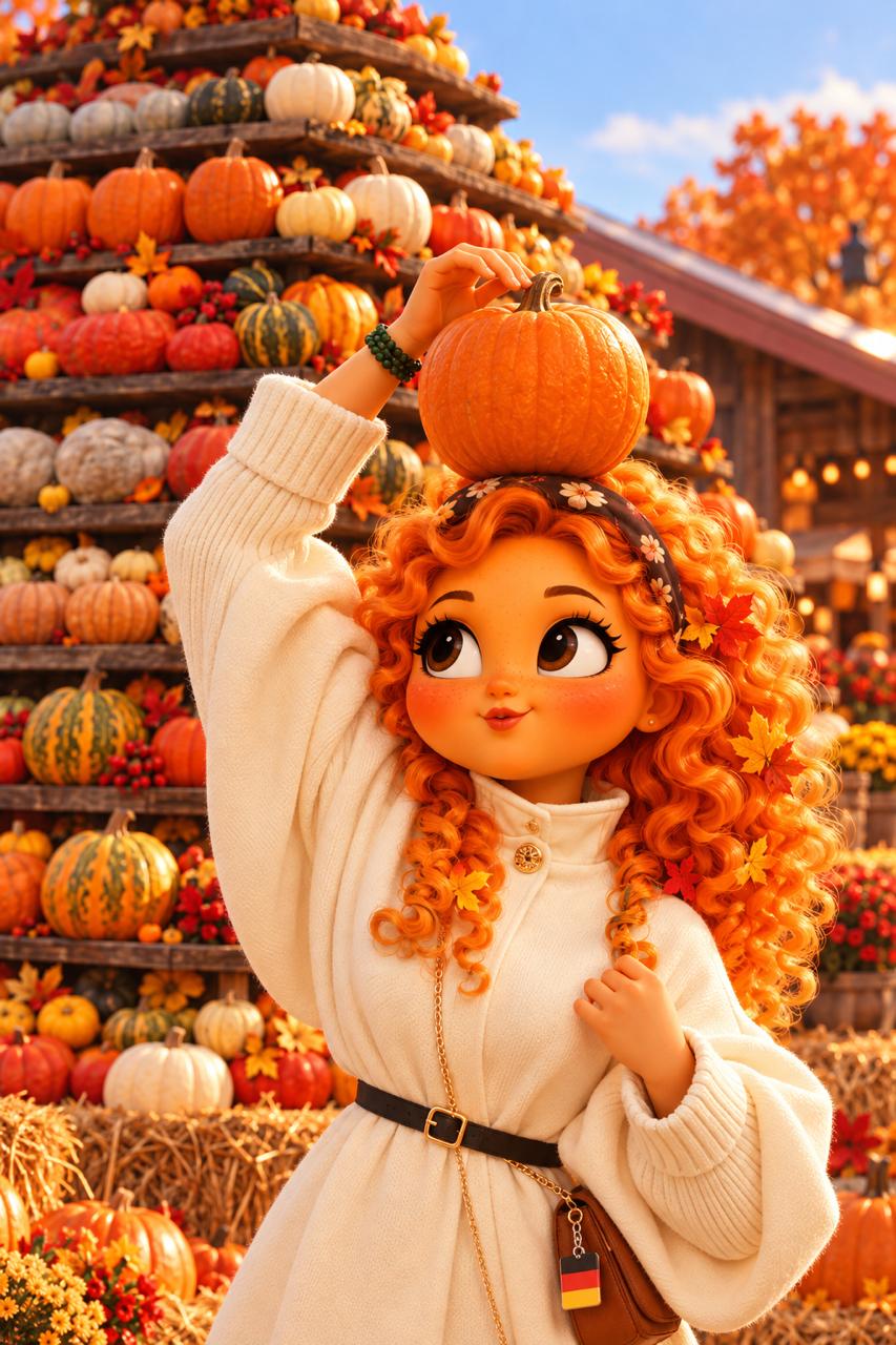 Konnektoren mascot with a pumpkin in front of a pumpkin exhibition